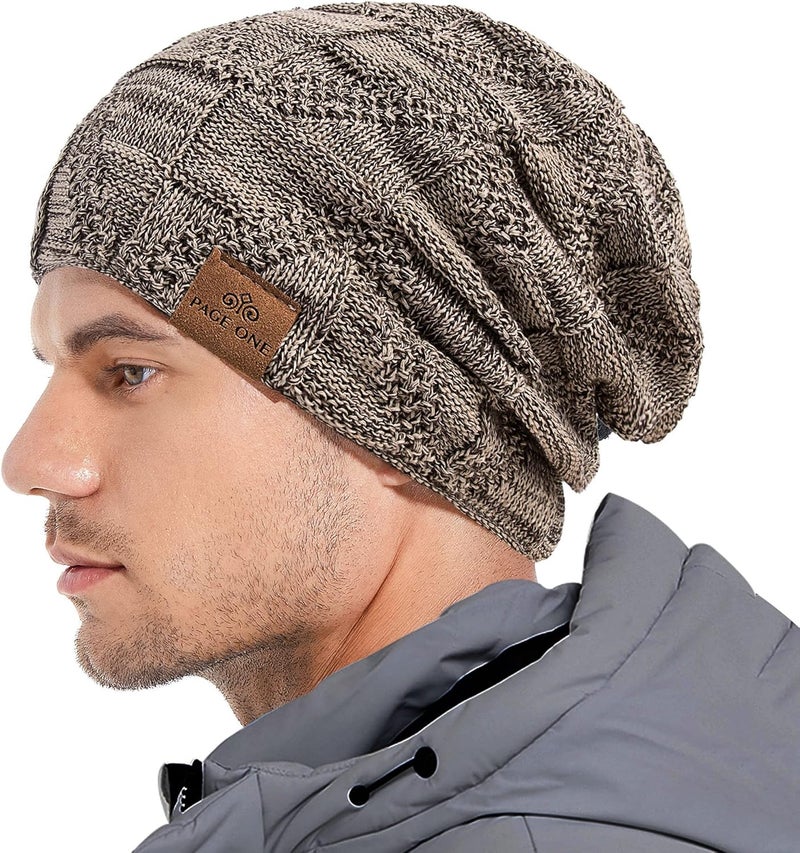 PAGE ONE Mens Winter Slouchy Beanie Warm Fleece Lined Skull Cap Baggy Cable Knit Hat - Image 2